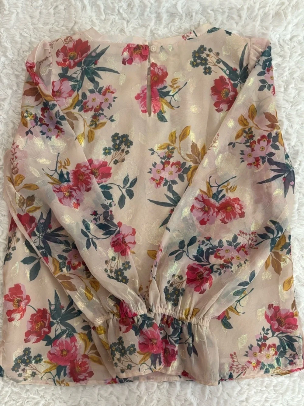 LOFT Cream Sheer Floral Blouse with Pink & Gold Accents